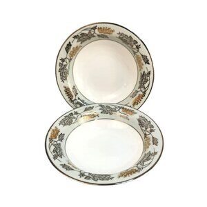 Noritake China 5487 Japan Gold & Green Leaf Pattern Bowls Set Of 2